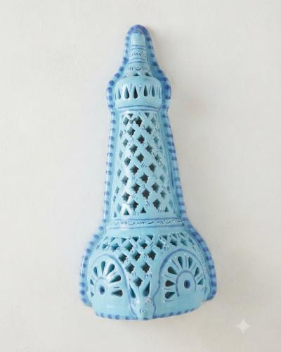 Artisan Ceramic Wall Sconce – Sky Blue Openwork Design