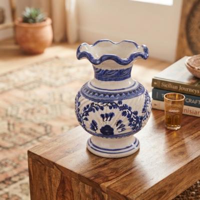 Handcrafted Blue and White Ceramic Vase with Floral Design