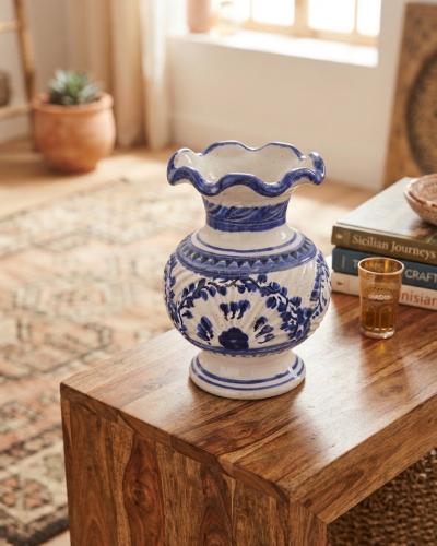 Handcrafted Blue and White Ceramic Vase with Floral Design