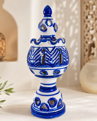 Handmade Tunisian Ceramic Lantern – Blue & White Decorative Candle Holder