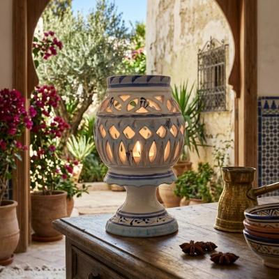 Hand-Painted Pedestal Ceramic Candle Lantern – Blue & White