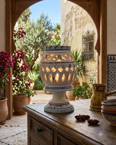 Hand-Painted Pedestal Ceramic Candle Lantern – Blue & White