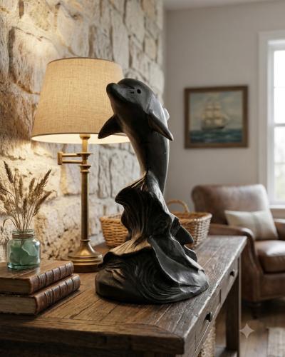 Leaping Dolphin Hand-Carved Dark Wood Sculpture