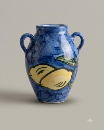 Mediterranean Hand-Painted Blue Ceramic Amphora Vase