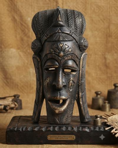 Artisanal Patinated Wooden Ritual Mask - Royal Headdress & Heart Motif
