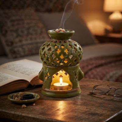 Artisan Green Ceramic Olibanum Burner & Tealight Lamp