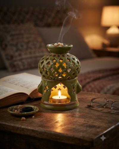Artisan Green Ceramic Olibanum Burner & Tealight Lamp