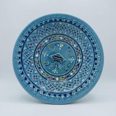 Hand-Painted Tunisian Ceramic Deep Serving Plate - Blue Geometric & Traditional Motifs