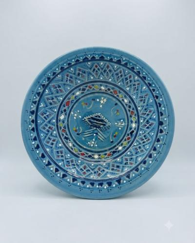 Hand-Painted Tunisian Ceramic Deep Serving Plate - Blue Geometric & Traditional Motifs