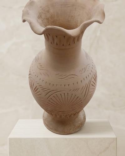 Hand-Carved Terracotta Terracotta Vase with Scalloped Rim