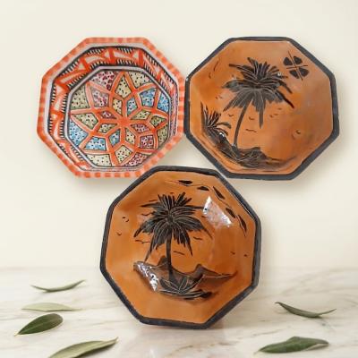 Set of Three Hexagonal Tunisian Artisanal Ceramic Bowls – Geometric & Palm Tree Motifs