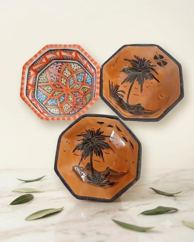 Set of Three Hexagonal Tunisian Artisanal Ceramic Bowls – Geometric & Palm Tree Motifs