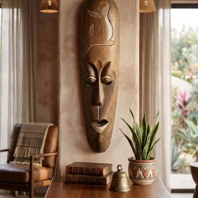 Ocean Guardian Hand-Carved Wooden African Mask with Dolphin Relief