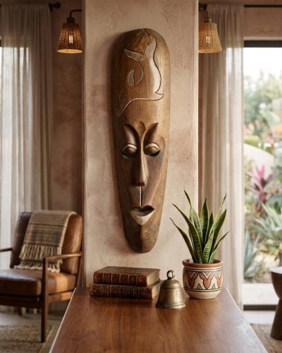 Ocean Guardian Hand-Carved Wooden African Mask with Dolphin Relief