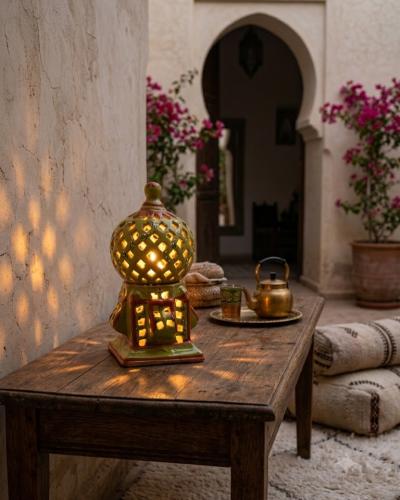 Hand-Painted Ceramic Dome Lantern – Olive Green & Terracotta