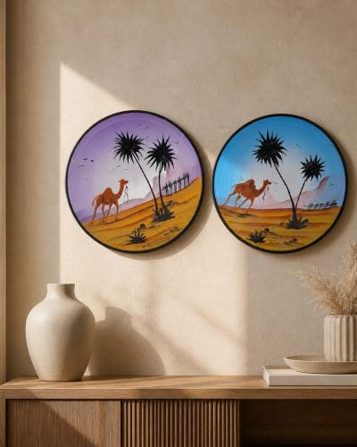 Assiette murale artisanale tunisienne peinte à la main – Décor désert & chameau