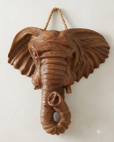 Artisanal Carved Wooden Elephant Wall Hanging - Natural Wood Finish