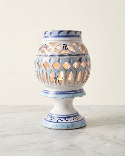 Hand-Painted Pedestal Ceramic Candle Lantern – Blue & White