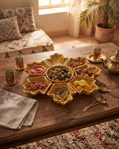 Handcrafted Ceramic Yellow Hamsa Aperitif Serving Platter Set