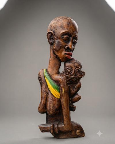 Traditional West African Wooden Maternity Sculpture – Mother & Child Carving
