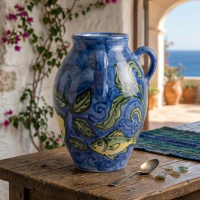 Mediterranean Hand-Painted Blue Ceramic Amphora Vase