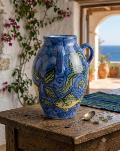 Mediterranean Hand-Painted Blue Ceramic Amphora Vase