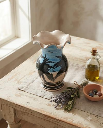 Artisan Ceramic Vase – Palm Tree Sunset Motif