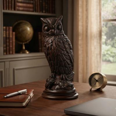 Wise Hand-Carved Wooden Owl Figurine