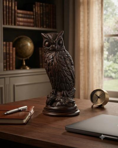 Wise Hand-Carved Wooden Owl Figurine