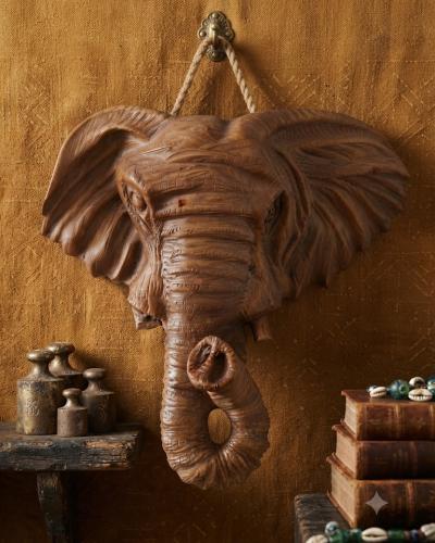 Artisanal Carved Wooden Elephant Wall Hanging - Natural Wood Finish