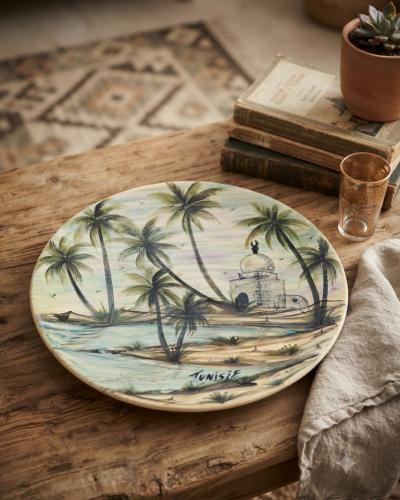 Large Hand-Painted Decorative Ceramic Plate - Tunisian Oasis Landscape