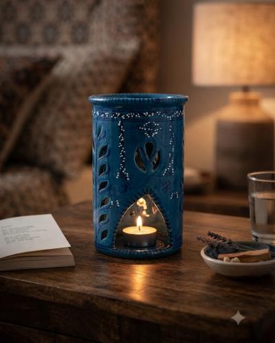Handcrafted Blue Ceramic Tealight Holder & Diffuser