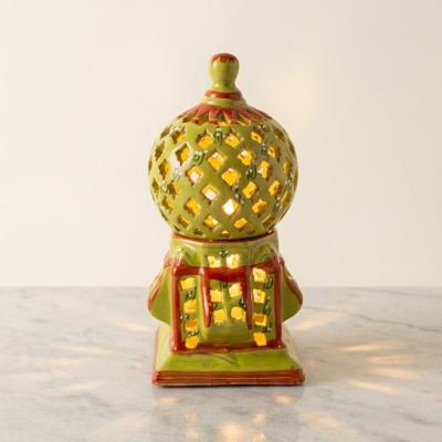 Hand-Painted Ceramic Dome Lantern – Olive Green & Terracotta