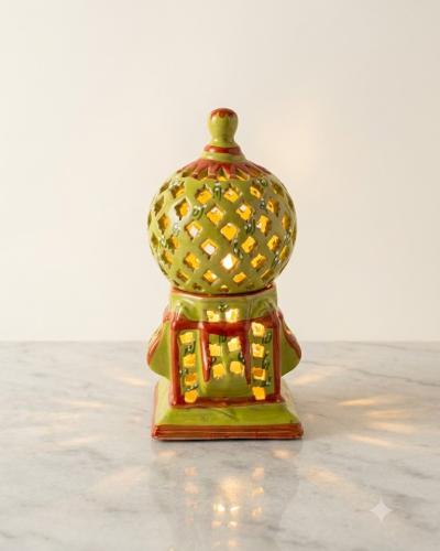 Hand-Painted Ceramic Dome Lantern – Olive Green & Terracotta