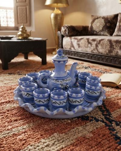 Handcrafted Tunisian Ceramic Tea Service Set (Blue & White)
