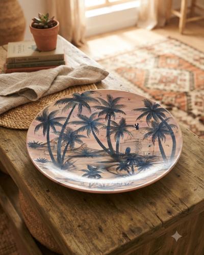 Large Hand-Painted Decorative Ceramic Plate  - Tunisian Oasis Landscape