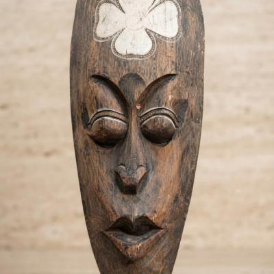 Artisanal West African Hand-Carved Wood Mask - Four-Leaf Clover Motif