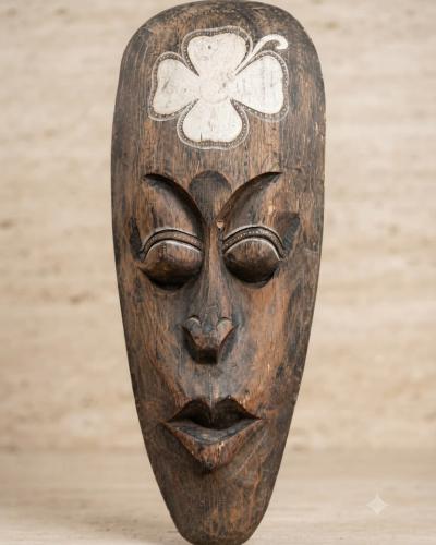 Artisanal West African Hand-Carved Wood Mask - Four-Leaf Clover Motif
