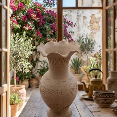 Hand-Carved Terracotta Terracotta Vase with Scalloped Rim