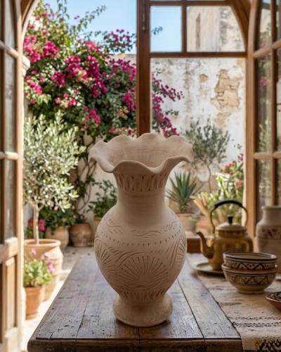 Hand-Carved Terracotta Terracotta Vase with Scalloped Rim