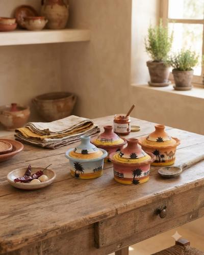 Set of 4 Artisanal Terracotta Mini-Tajines - "Tunisian Oasis" Collection