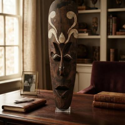 Artisanal West African Hand-Carved Wood Mask - Four-Leaf Clover Motif