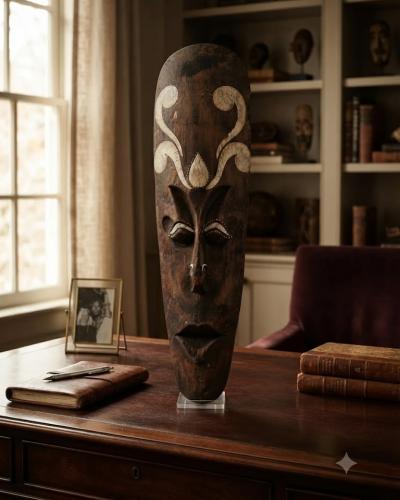 Artisanal West African Hand-Carved Wood Mask - Four-Leaf Clover Motif