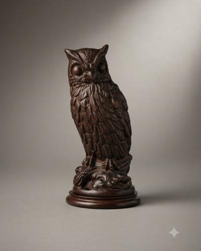 Wise Hand-Carved Wooden Owl Figurine
