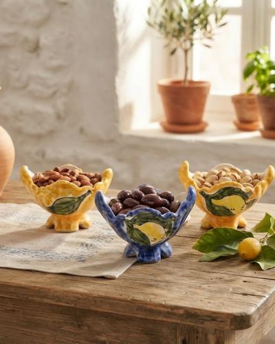 Handcrafted Ceramic Lemon Motif Footed Bowls (Set of 3)