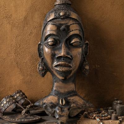Artisanal Patinated Wooden African Woman Bust & Mask - Elephant & Cowrie Motif