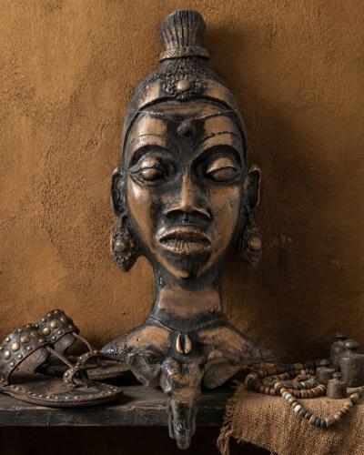 Artisanal Patinated Wooden African Woman Bust & Mask - Elephant & Cowrie Motif