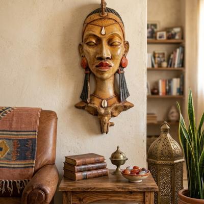 African Royalty Wooden Wall Mask – Female Bust with Elephant Moti