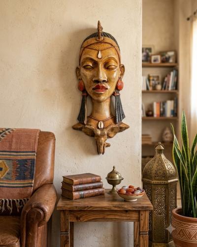 African Royalty Wooden Wall Mask – Female Bust with Elephant Moti