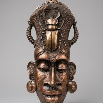 Artisanal Patinated Wooden African Woman Bust & Mask